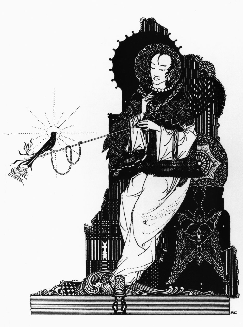Kejsaren och näktergalen, illustration till "Näktergalen" ur sagor av H.C. Andersen (1805-75), utgiven i London före 1914. av Harry Clarke