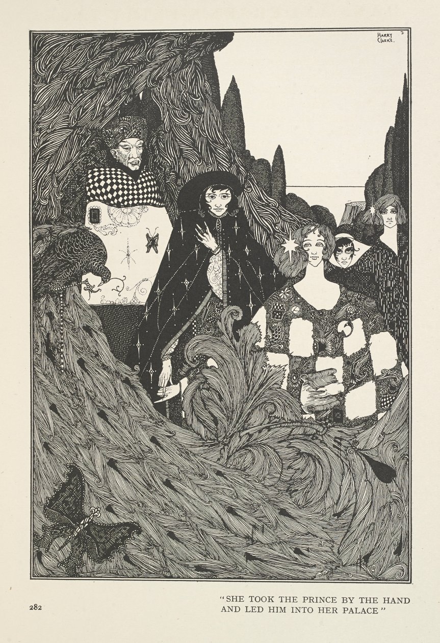 Paradisets trädgård. Hon tog prinsen i handen och ledde honom in i sitt palats. av Harry Clarke
