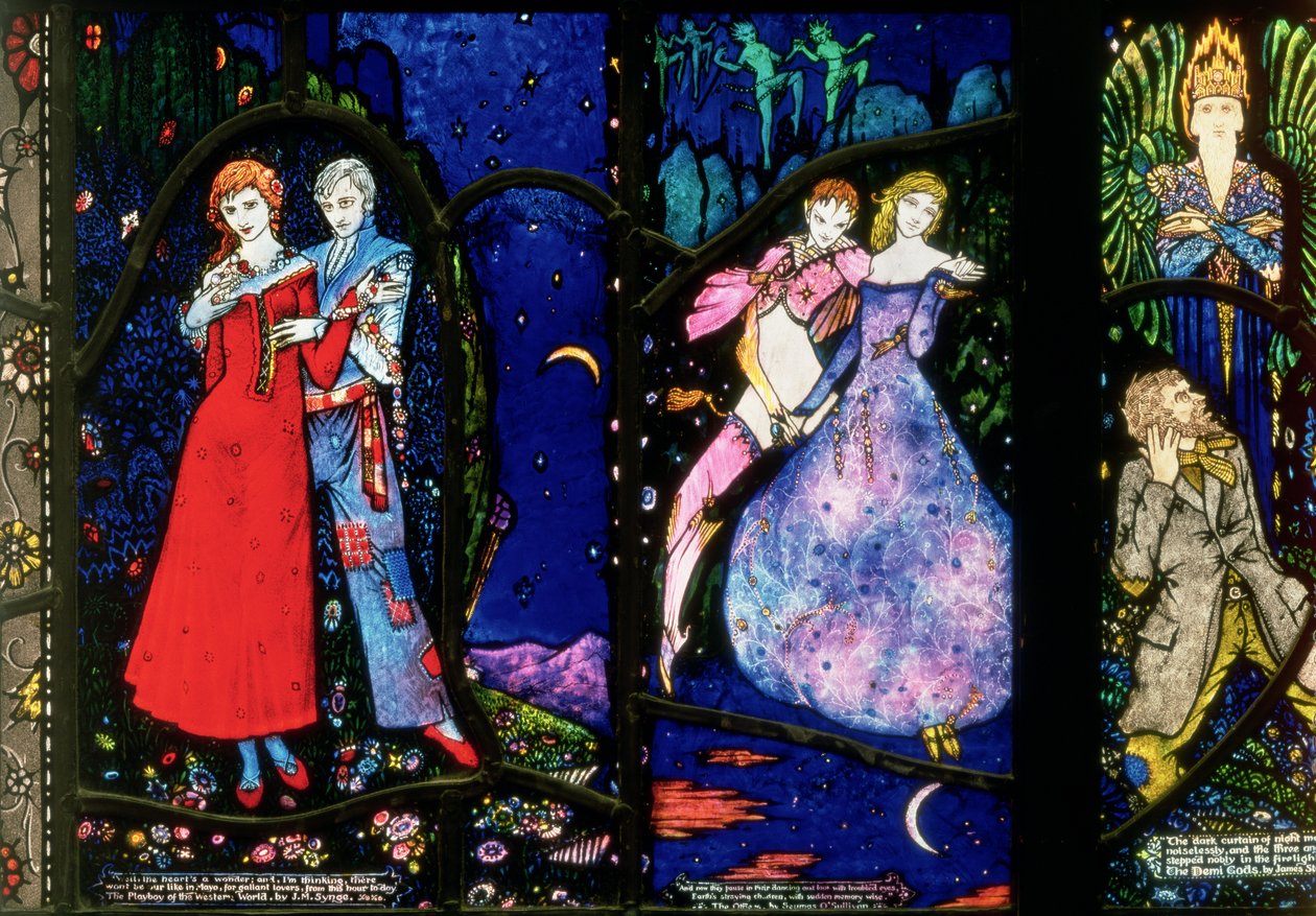 Genèvefönstret föreställande The Playboy of the Western World av J.M. Synge, The Dreamers av Seamus OSullivan och The Demi Gods av James Stephens, 1929 av Harry Clarke