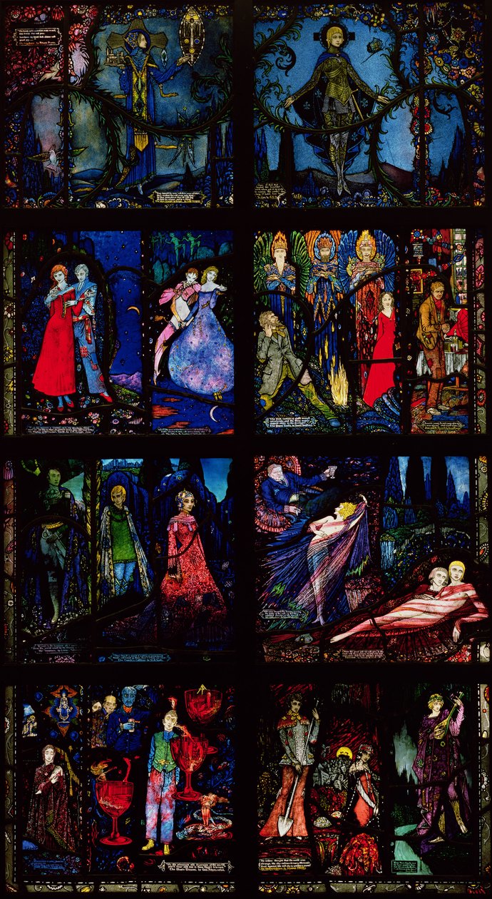 Genèvefönstret, åtta paneler som visar scener från tidig irländsk litteratur, 1929 av Harry Clarke