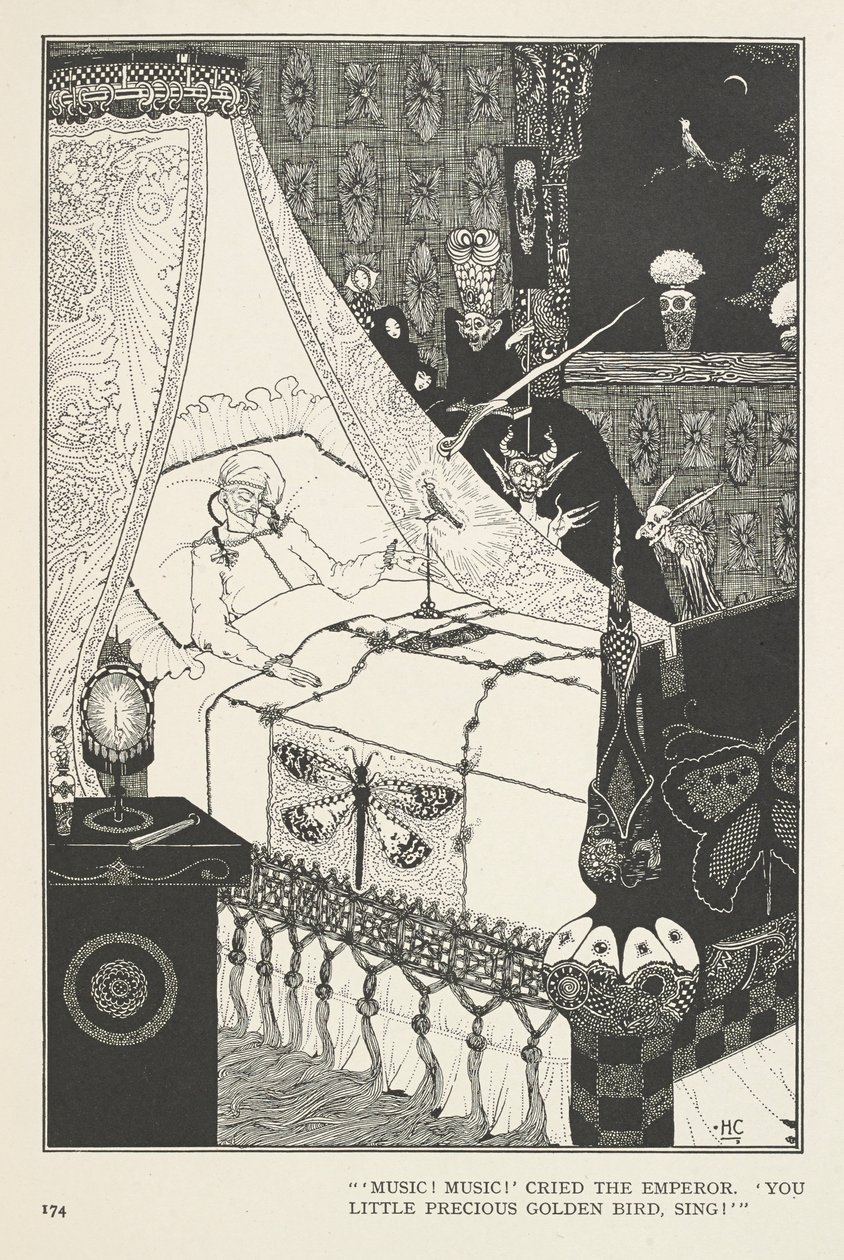 Näktergalen. "Musik! Musik!" ropade kejsaren. "Du lilla dyrbara guldfågel, sjung!" av Harry Clarke