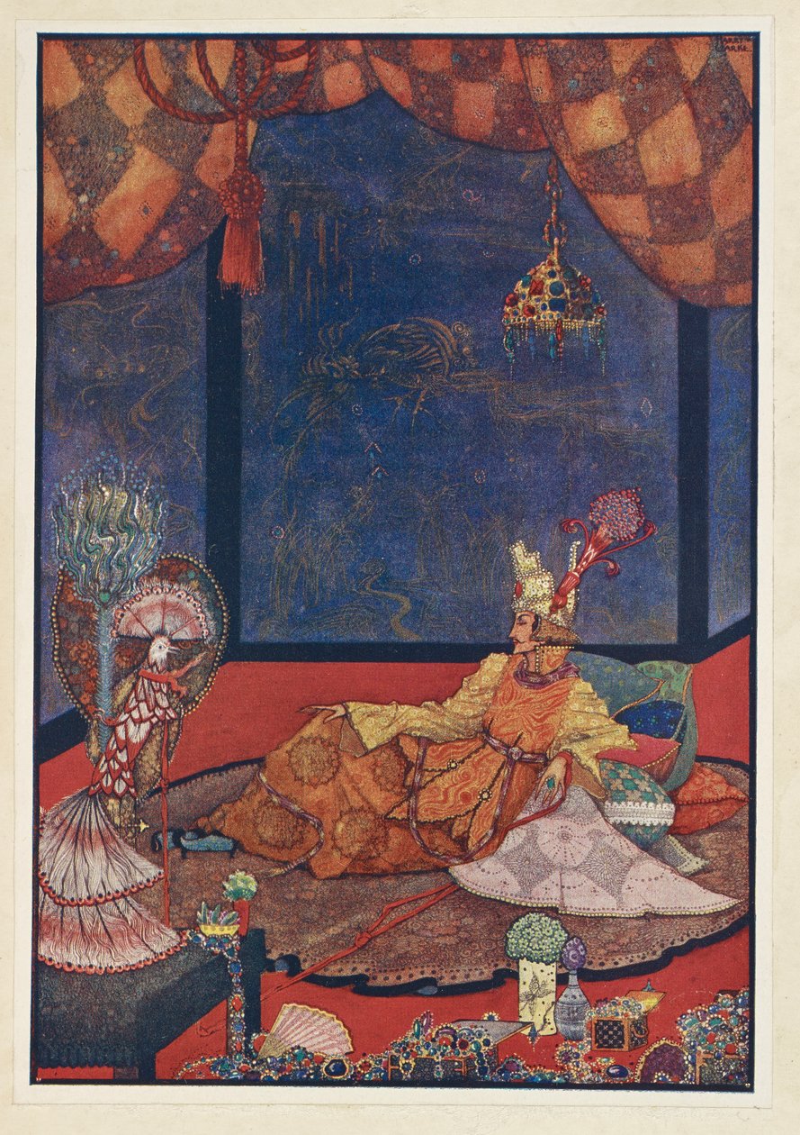 Näktergalen. Den konstgjorda fågeln hade sin plats på en sidenkudde nära kejsarens säng. av Harry Clarke