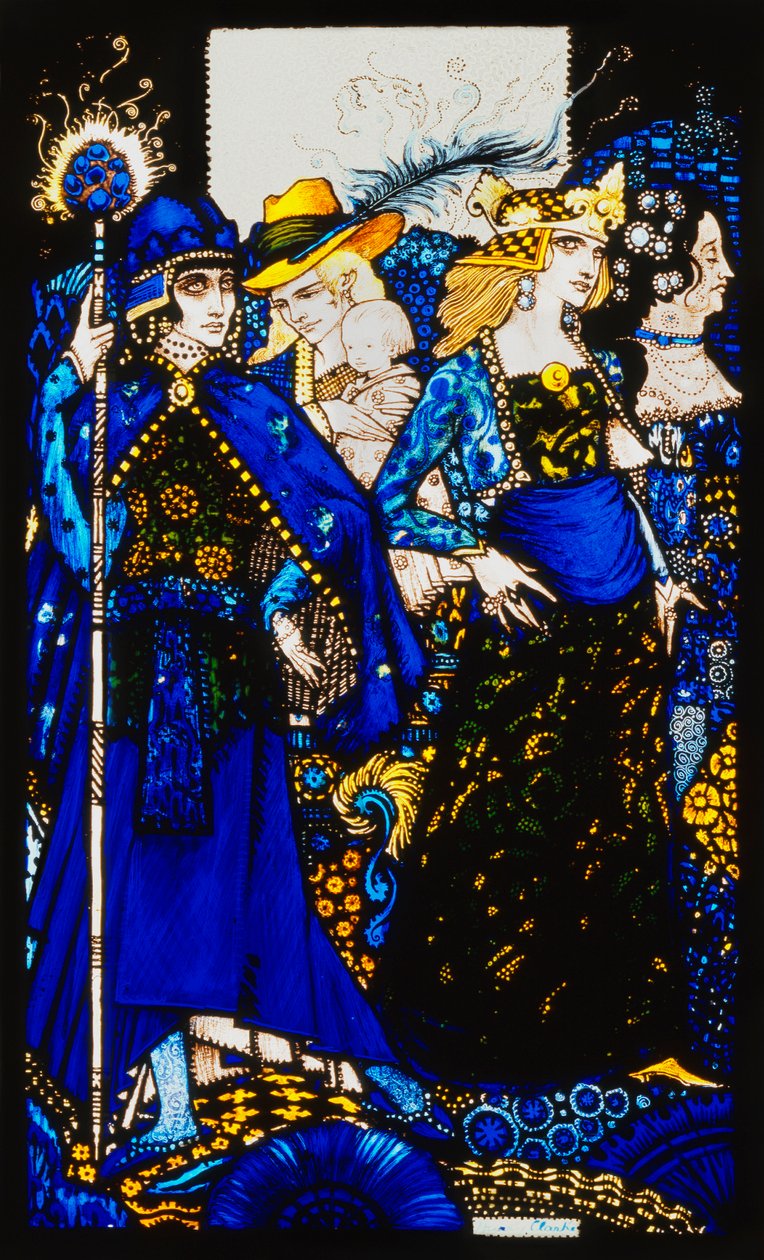 The Queens of Sheba, Meath and Connaught". "Queens", nio glaspaneler syrade, färgade och målade, Illustrerande J.M. Synges dikt, 1917 av Harry Clarke