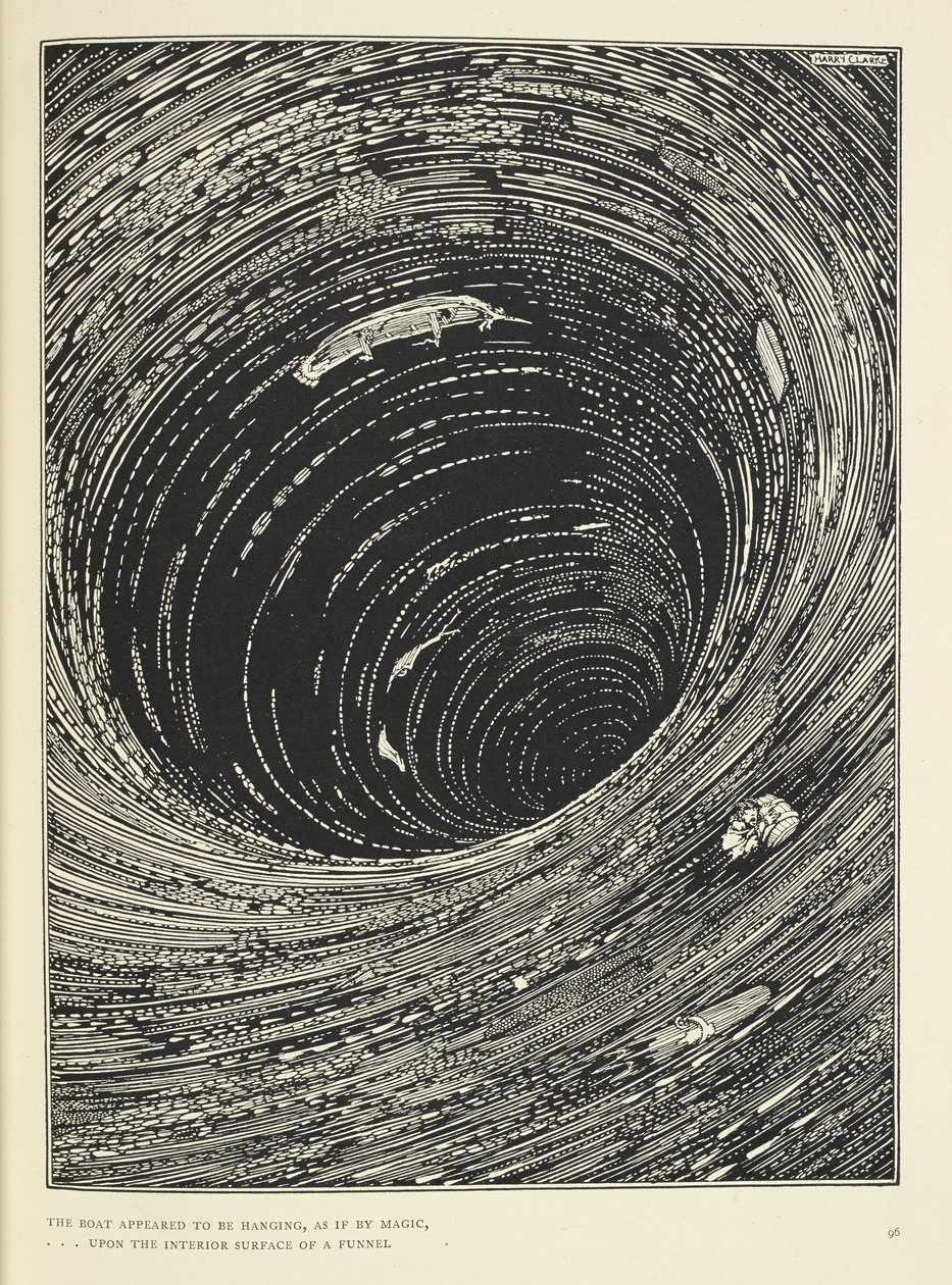 "Båten verkade hänga, ... på insidan av en tratt som var stor i omkrets." Illustration till berättelsen 