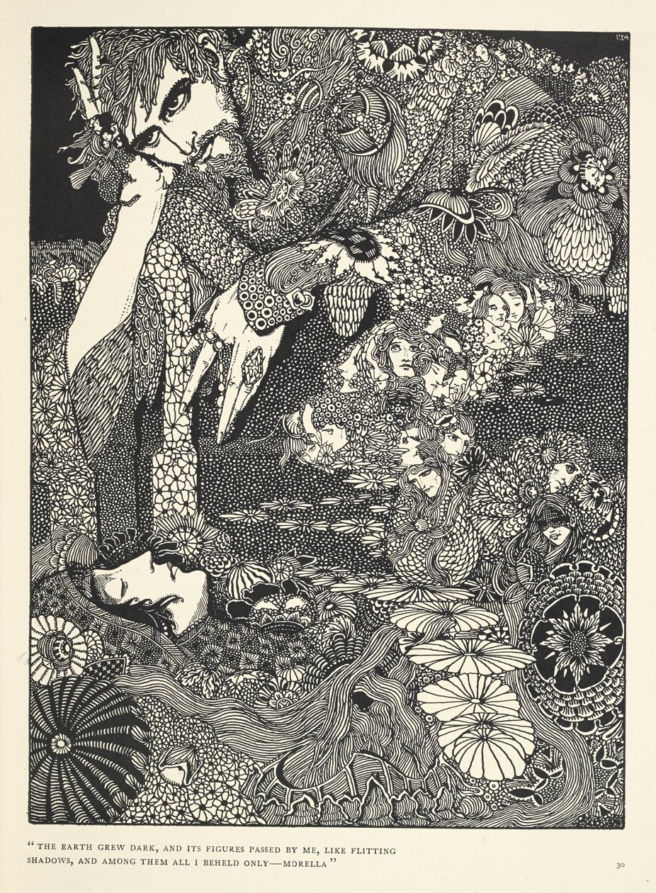 "Jorden blev mörk och dess gestalter gick förbi mig, som fladdrande skuggor ... Morella." Illustration till berättelsen 