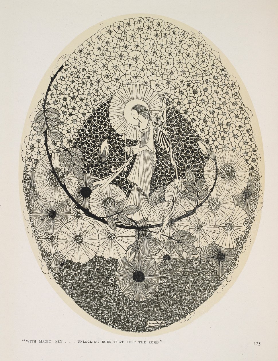 Till den kommande våren. "Med magisk nyckel... låser upp knoppar som håller rosorna". av Harry Clarke