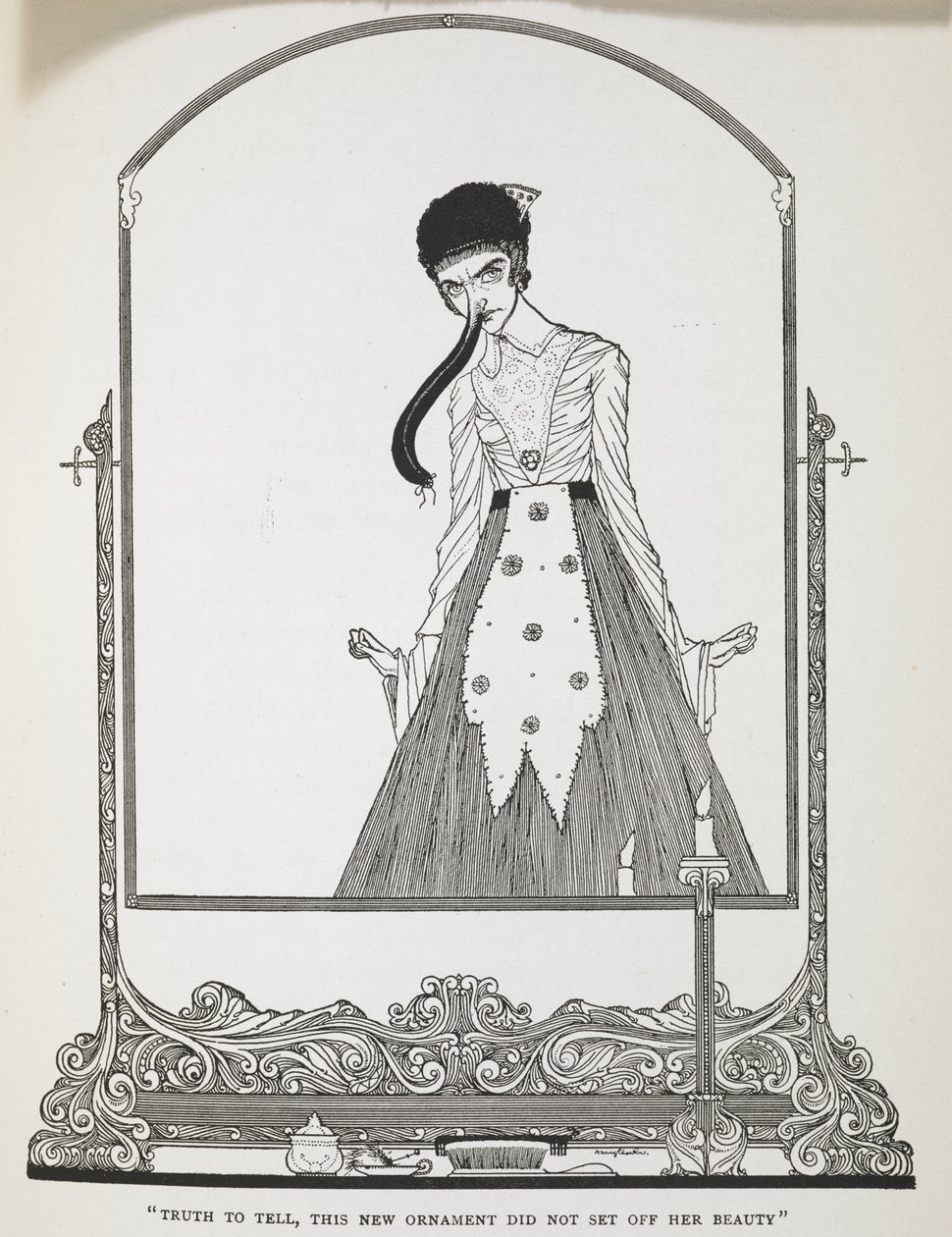 "Sanningen att säga, denna nya prydnad satte inte igång hennes skönhet." Illustration till berättelsen, 