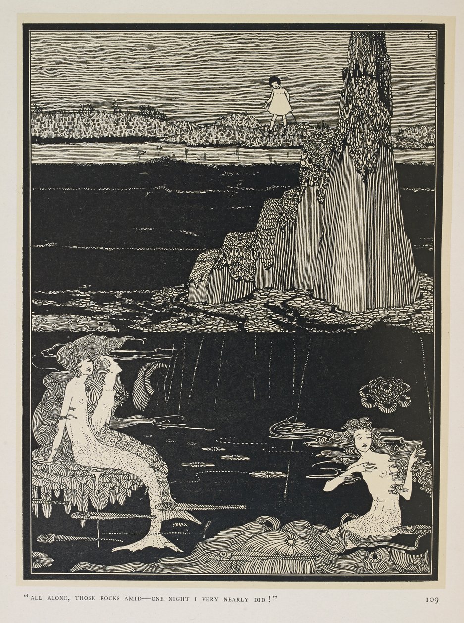 Mycket nästan! "Allt ensam, de där stenarna mitt - en natt gjorde jag det nästan!" Tre sjöjungfrur av Harry Clarke