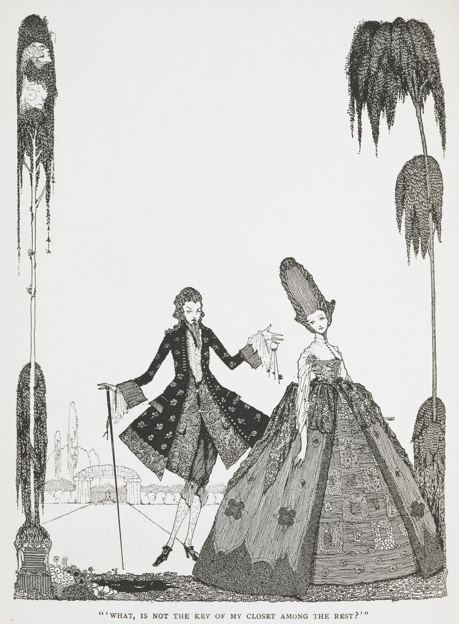 "Vad, är inte nyckeln till min garderob bland resten?" Illustration till berättelsen, "Blue Beard". av Harry Clarke