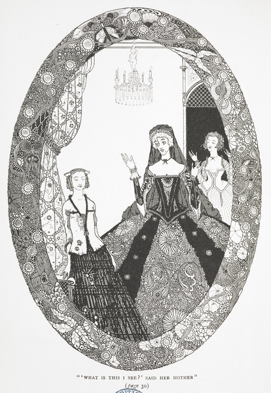 "Vad är det här jag ser?" sa hennes mamma." Illustration till berättelsen "fen". av Harry Clarke