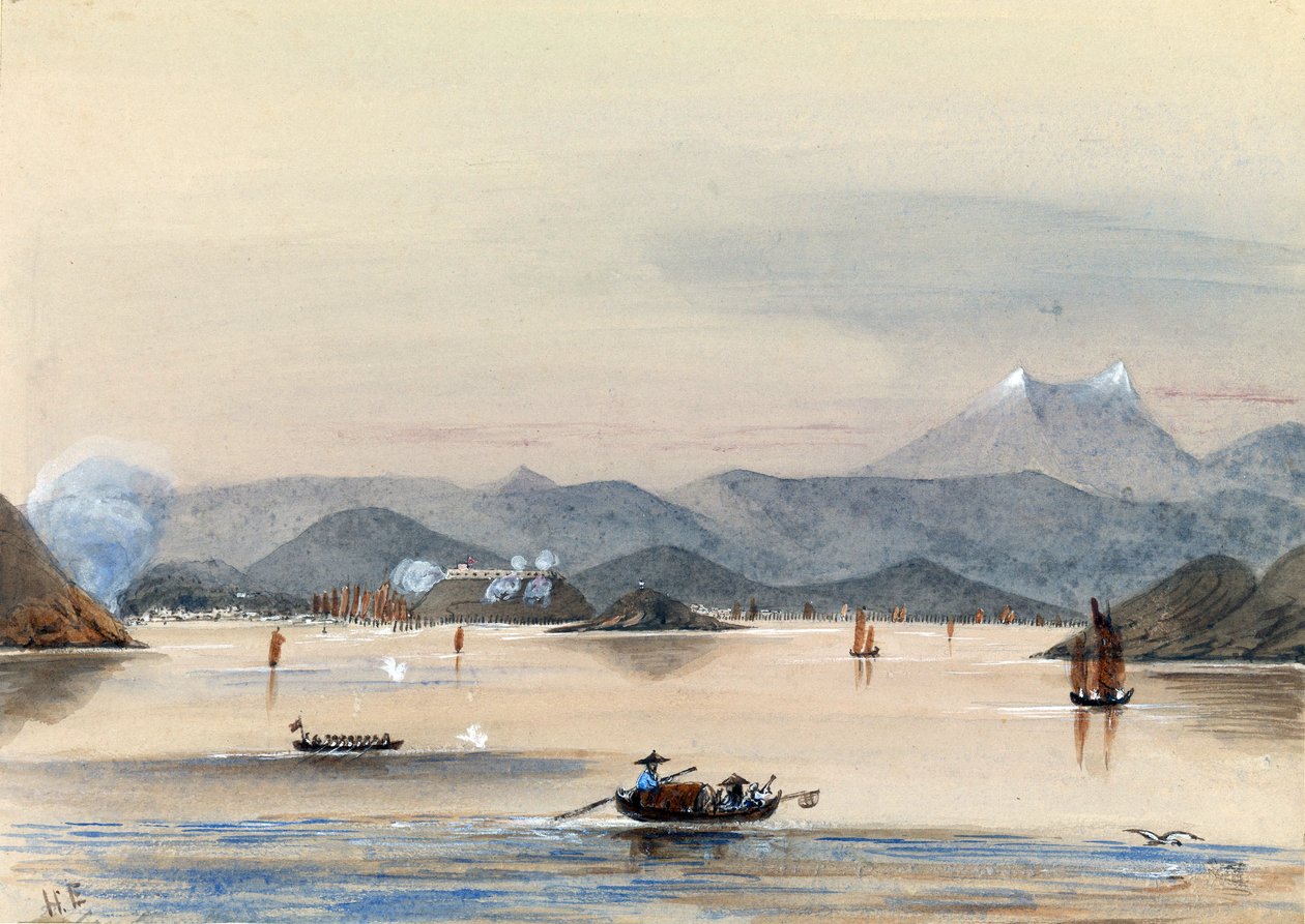 "HMS Tribune tar sig fram på Chuenpee-floden i Kanton (Kina), med roddbåtar och kinesiska junkar av Harry Edmond Edgell