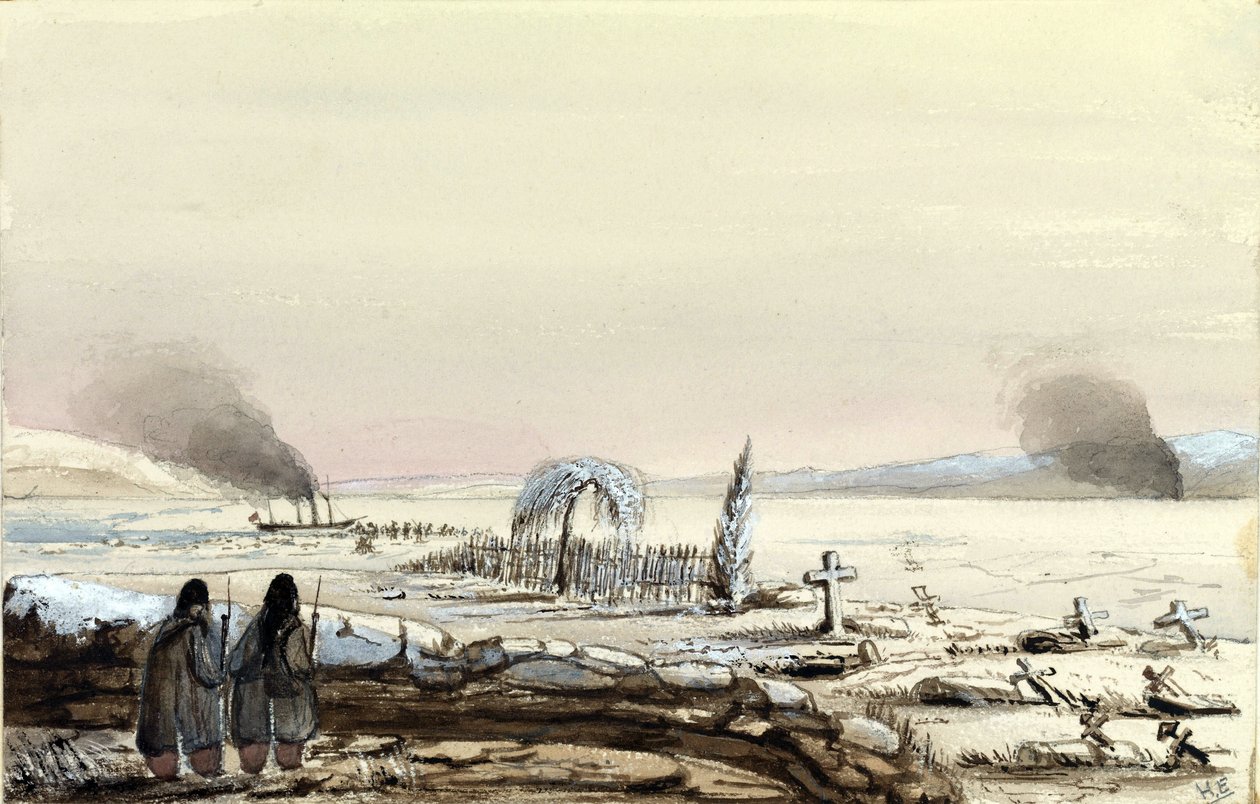 Kyrkogården i Kinburn (Ukraina, Ryssland) 1855. HMS Tribune skär av Dneprs frusna vatten. Målning av viceamiral Harry Edmund Edgell (1809-1876), akvarell 1855. av Harry Edmond Edgell
