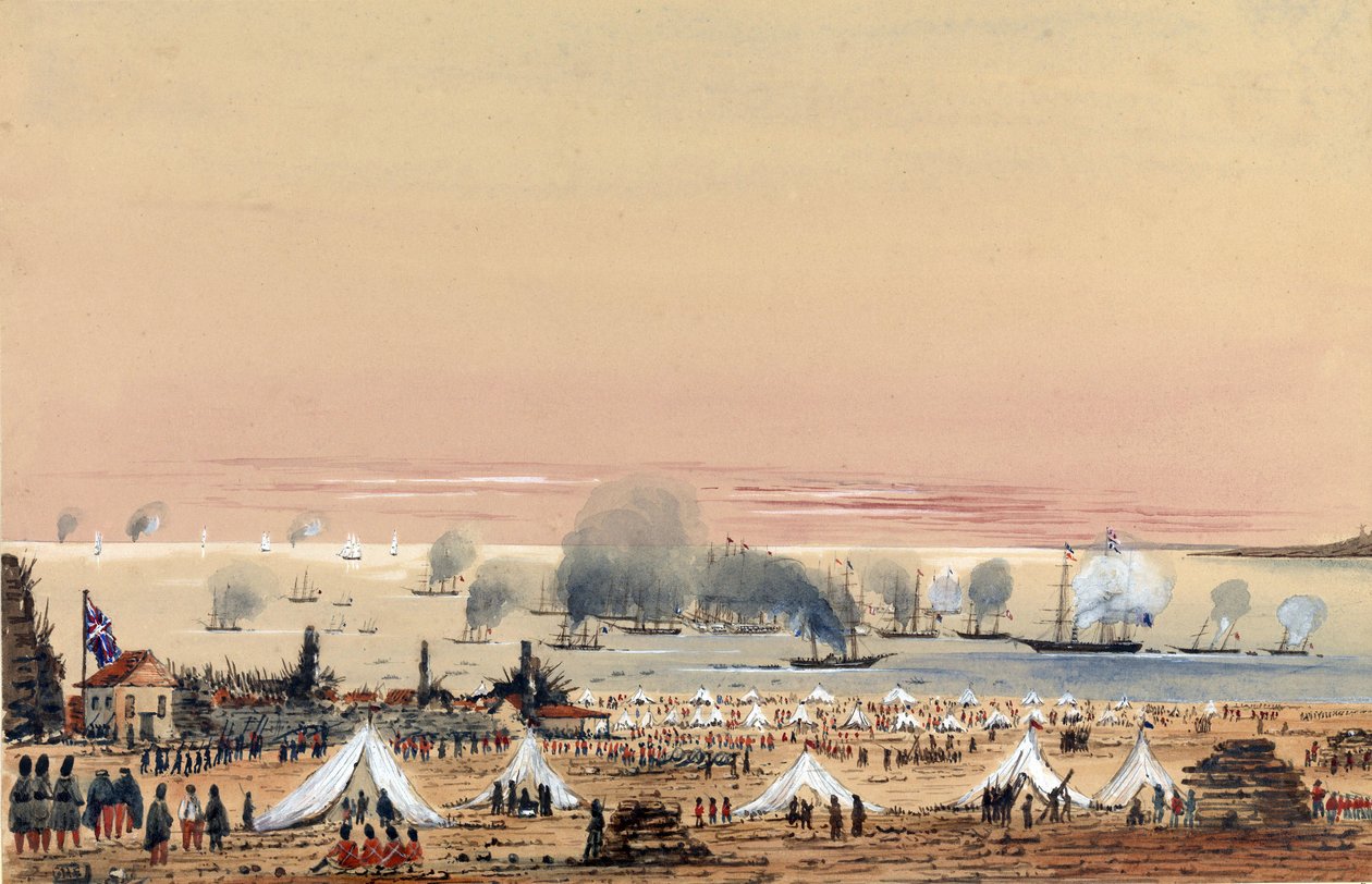 Landstigningen vid Kinburn (Ukraina, Ryssland) i oktober 1855, ett brittiskt arméläger på stranden, med flottan förankrad utanför kusten inklusive HMS Tribune av Harry Edmond Edgell
