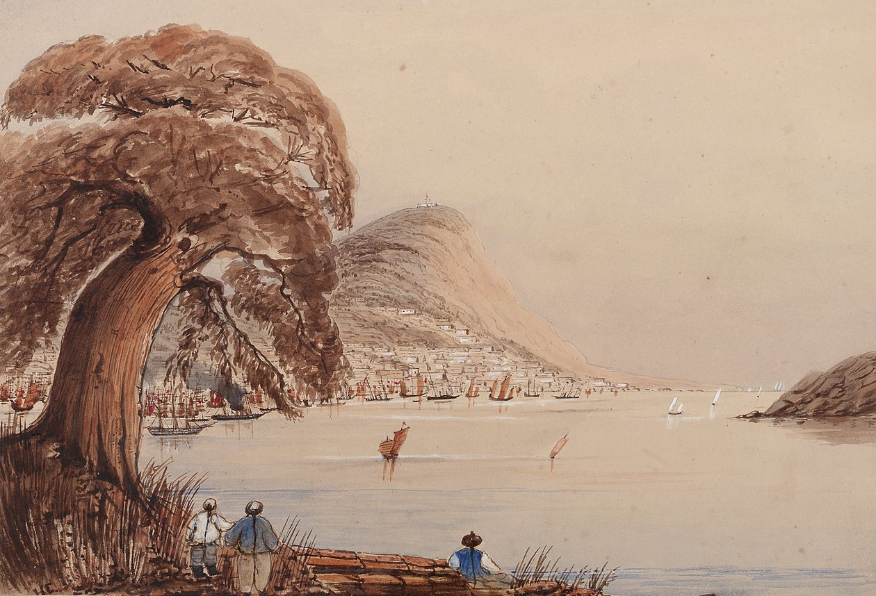 Vy över en kuststad med träd och figurer i förgrunden av Harry Edmond Edgell