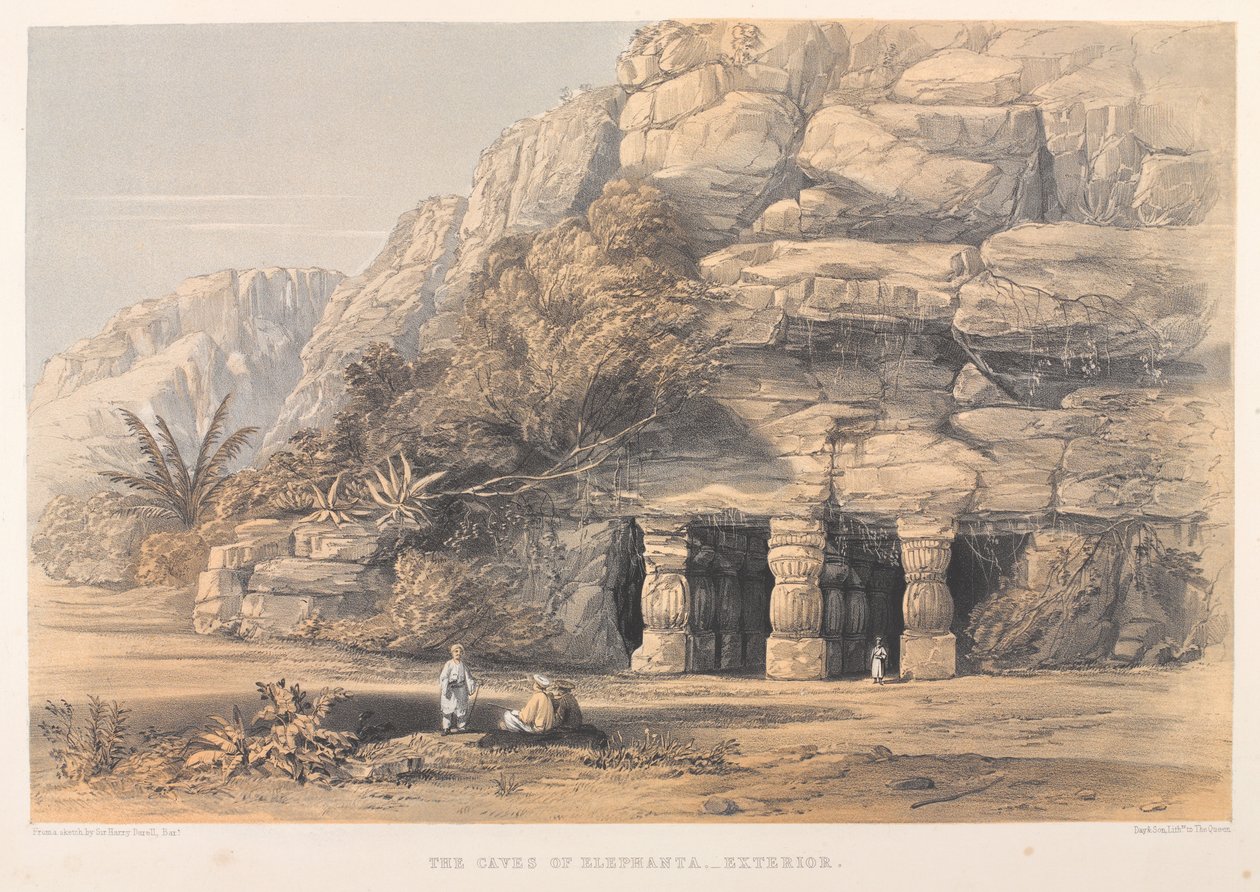 The Caves of Elephanta, Exterior (färgad litografi) av Harry Francis Darell