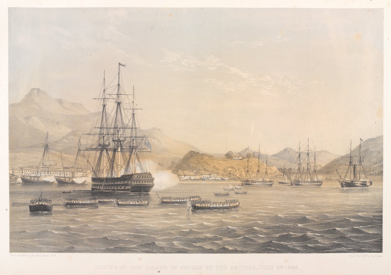 Britternas intagande av ön Chusan, 5 juli 1840 (färgad litografi) av Harry Francis Darell
