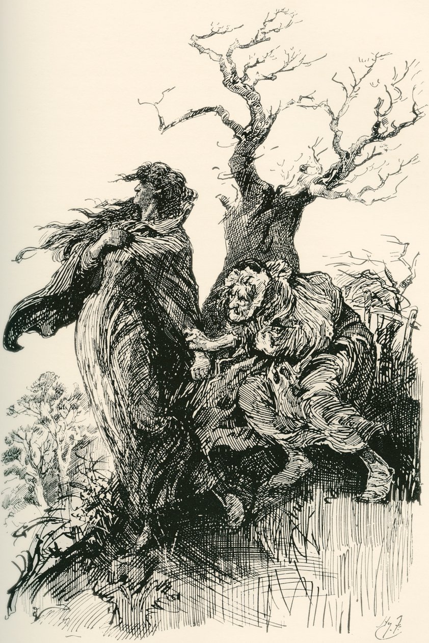 Alice Brown och hennes mamma. "Efter någon kvarts gång vågade den gamla kvinnan, utmattad och andfådd, hålla i kjolarna, men hon vågade inte mer, och de reste tysta vidare genom väta och dyster." Illustration av Harry Furni av Harry Furniss
