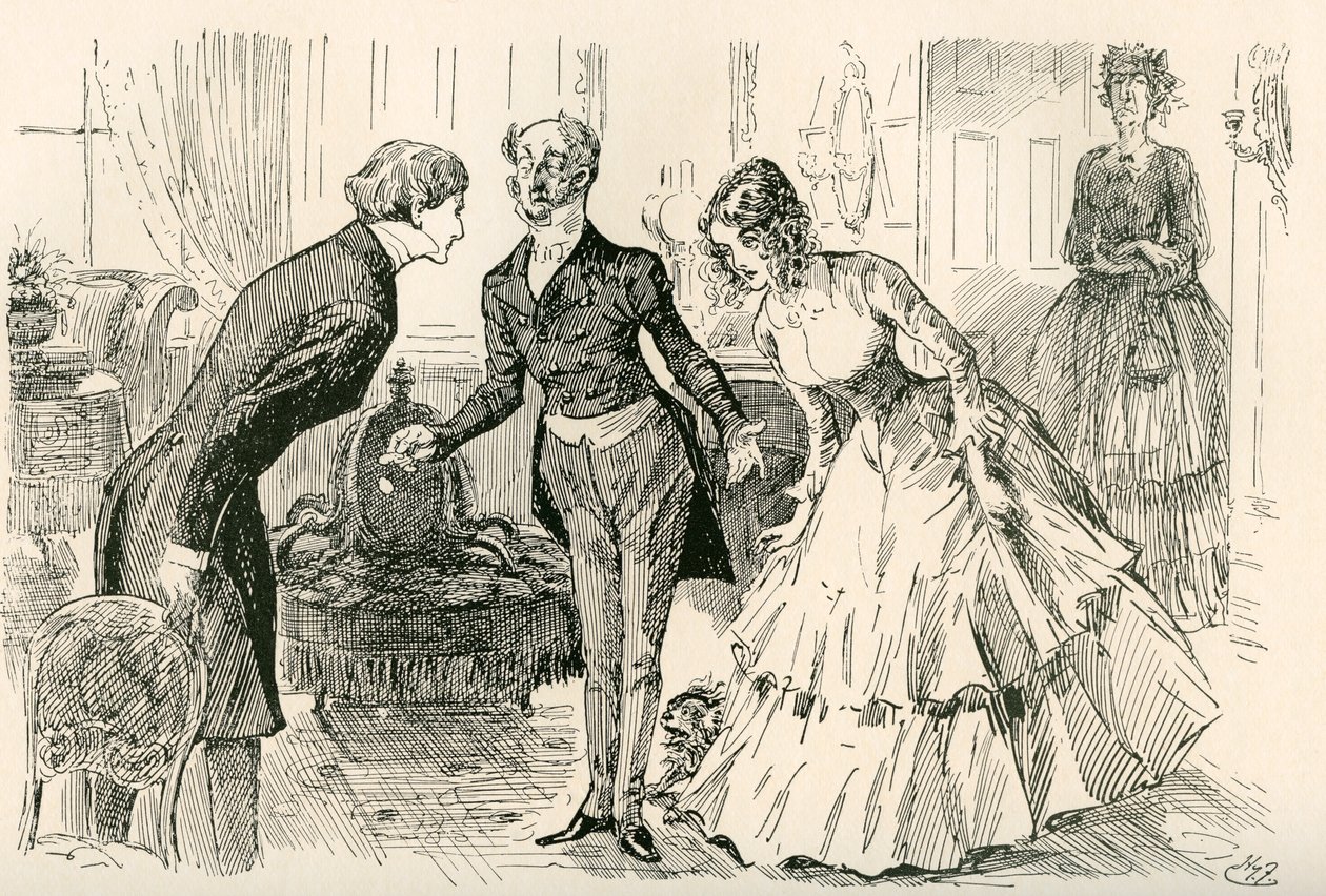 David möter Dora och Miss Murdstone. "Mr Copperfield, min dotter Dora och min dotter Doras förtroliga vän, Miss Murdstone!". Illustration av Harry Furniss till Charles Dickens-romanen David Copperfield, från The Testimonial Edition, publicerad 19 av Harry Furniss