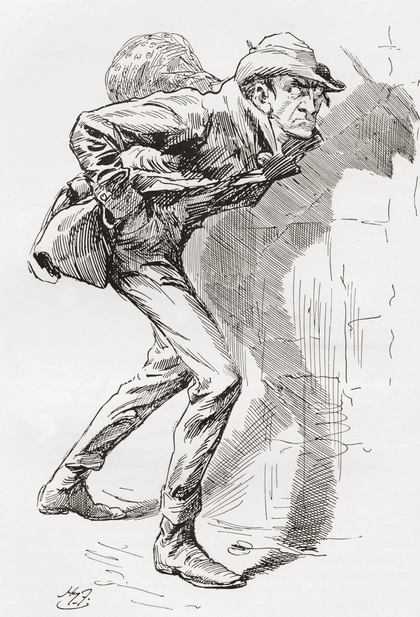 Dolge Orlick. Illustration av Harry Furniss till Charles Dickens roman Great Expectations, från The Testimonial Edition publicerad 1910. av Harry Furniss