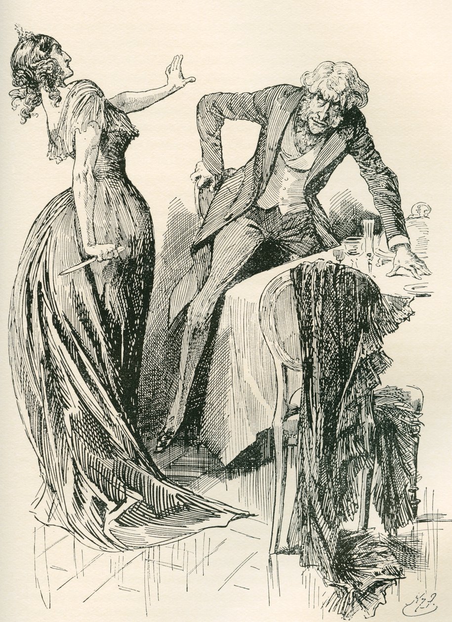 Edith och Mr. Carker. "Han kom glatt mot henne, när hon på ett ögonblick tog upp kniven från bordet och började ett steg bakåt. "Stå stilla," sa hon, "eller jag mördar dig!" Illustration av Harry Furniss för Charles Dickens roman av Harry Furniss