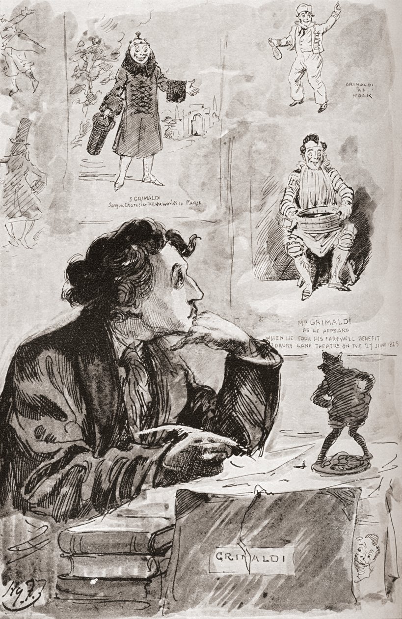 Minnen av Grimaldi. Illustration av Harry Furniss till Charles Dickens-romanen Memoirs of Joseph Grimaldi, från The Testimonial Edition publicerad 1910. av Harry Furniss