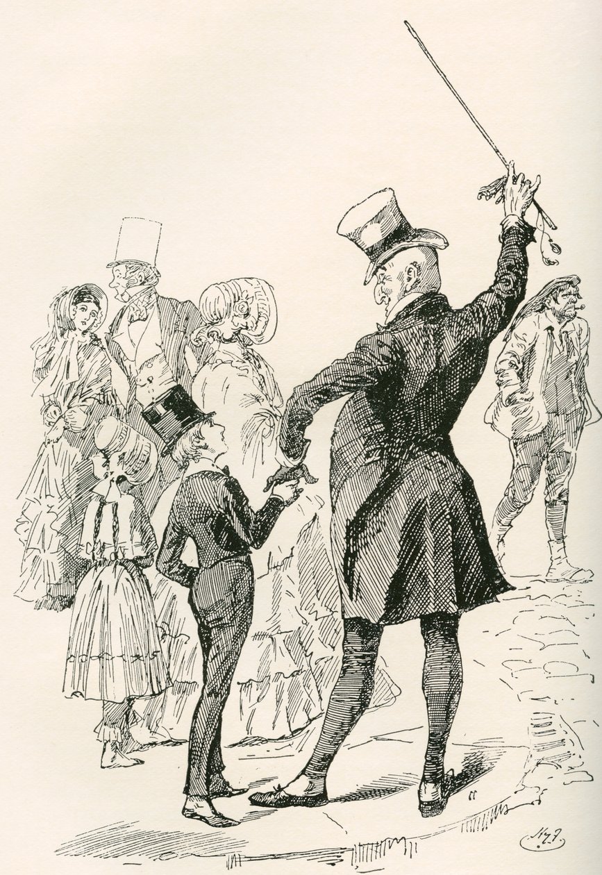 Mr. Micawber tar hem David. "Vi gick till vårt hus tillsammans, Mr. Micawber imponerade på namnen på gator och formerna på hörnhus på mig, medan vi gick." Illustration av Harry Furniss till Charles Dickens roman David Copperfield, från av Harry Furniss