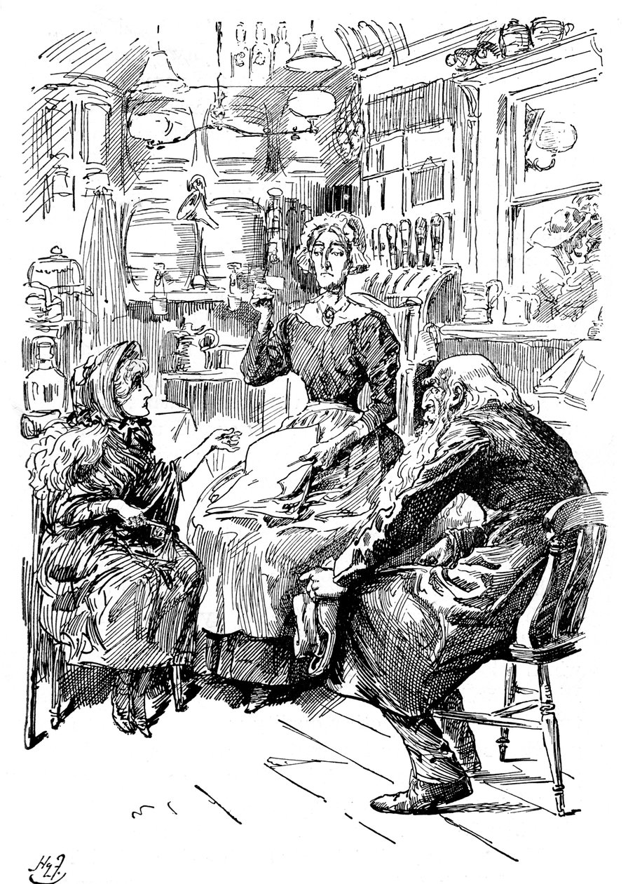 Mr Riah och Miss Wren på Six Jolly Fellowship Porters, 1912 av Harry Furniss