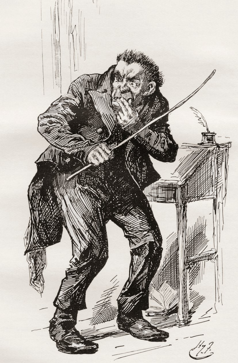 Mr Squeers. Illustration av Harry Furniss till Charles Dickens-romanen Nicholas Nickleby, från The Testimonial Edition, publicerad 1910. av Harry Furniss