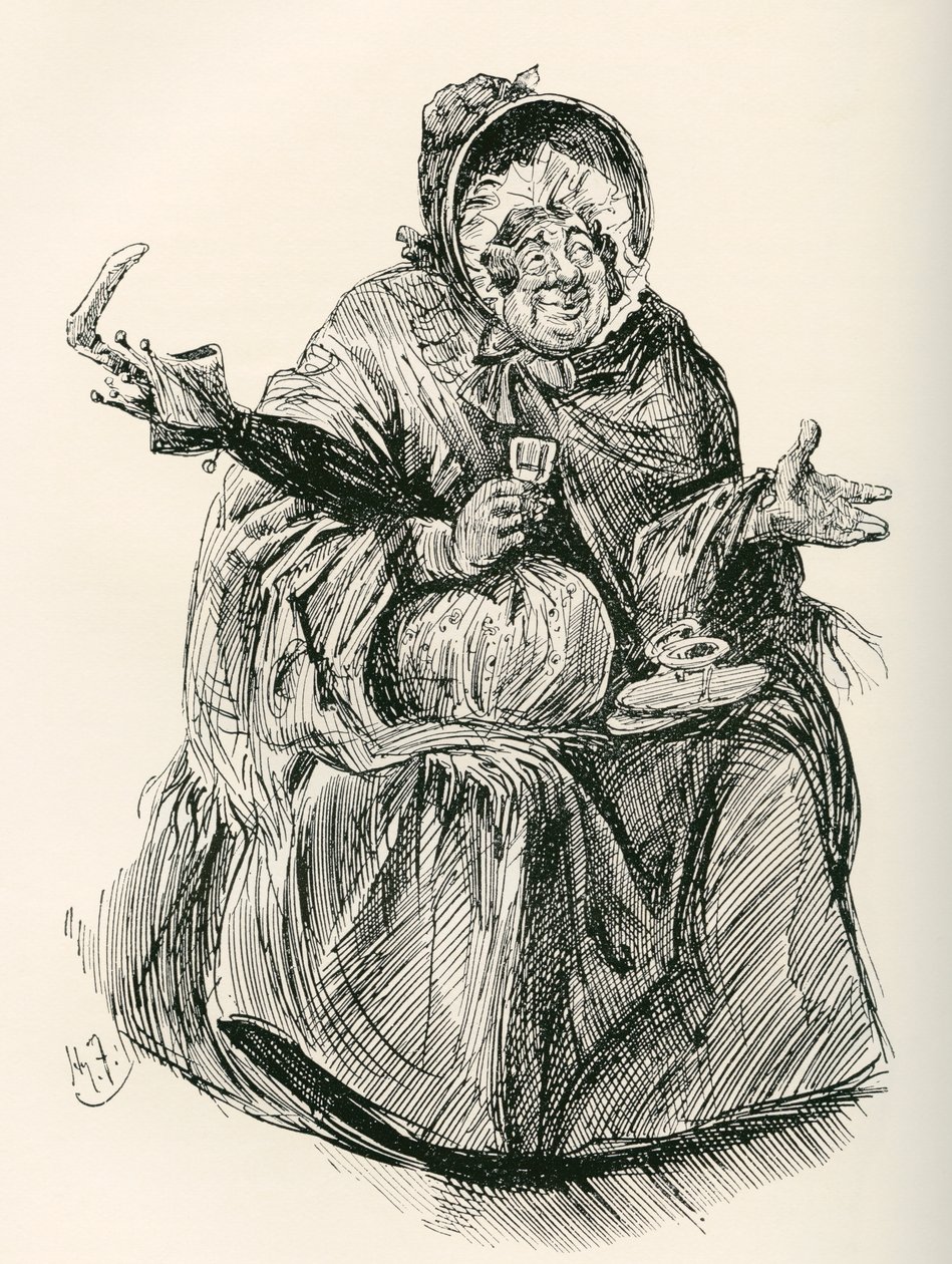 Fru Gamp. Illustration av Harry Furniss till Charles Dickens-romanen Martin Chuzzlewit, från The Testimonial Edition, publicerad 1910. av Harry Furniss