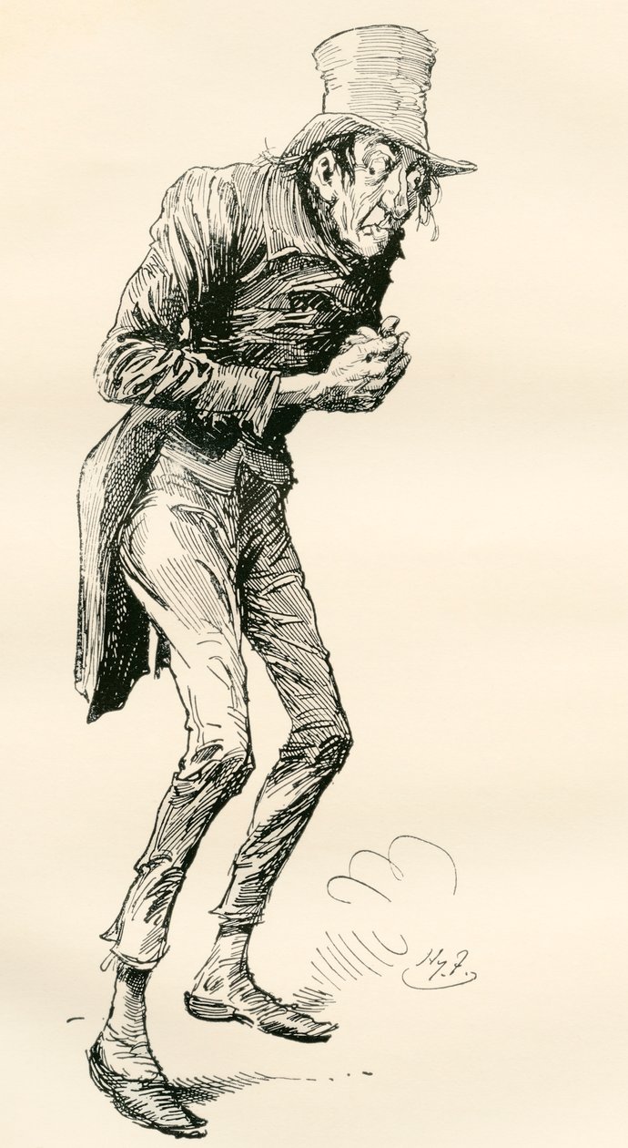 Newman Noggs. Illustration av Harry Furniss till Charles Dickens-romanen Nicholas Nickleby, från The Testimonial Edition, publicerad 1910. av Harry Furniss