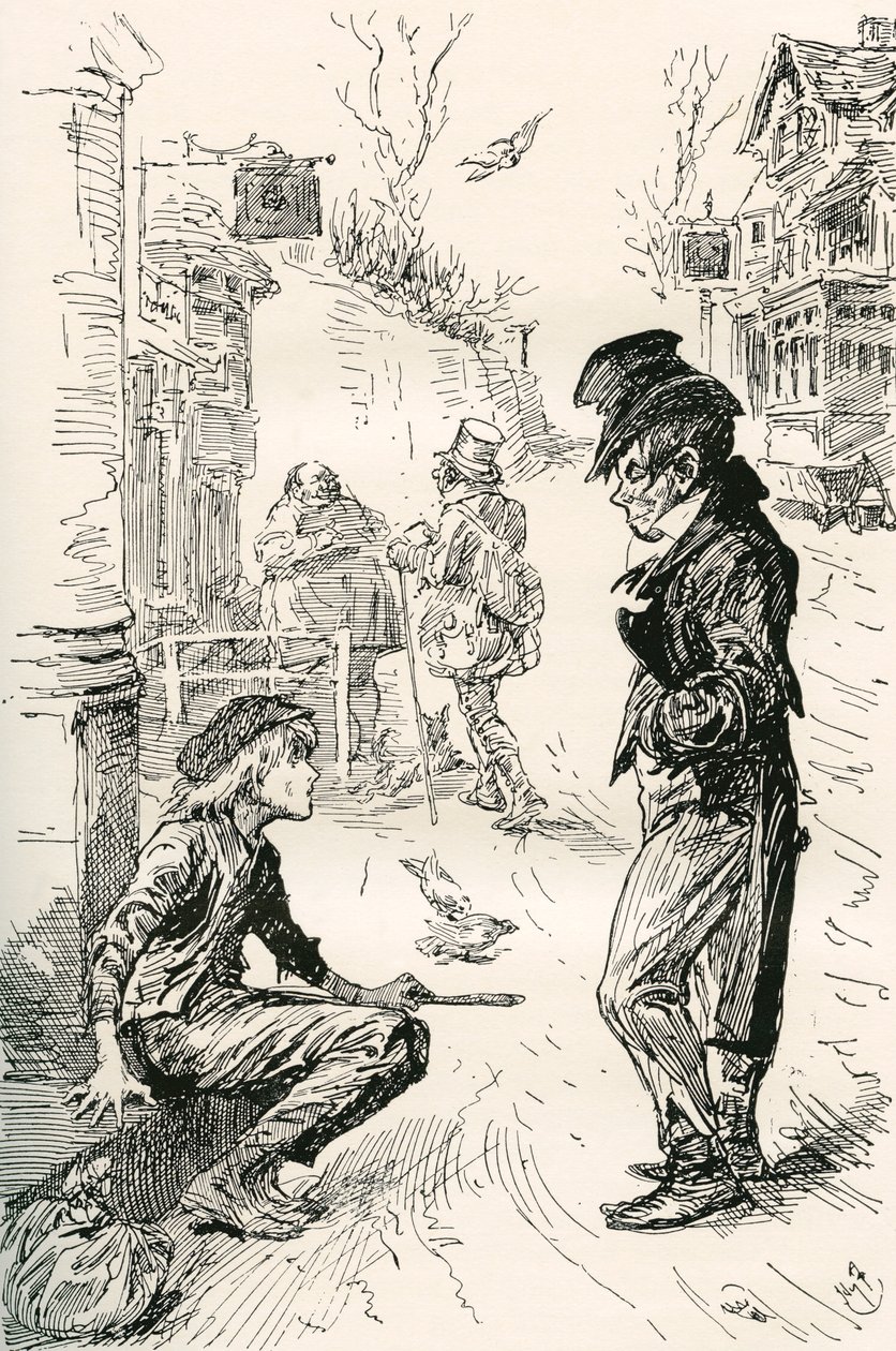 Oliver faller in med The Artful Dodger. "Hej, min covey, vad är raden?" sa denna märkliga unge herre till Oliver. "Jag är mycket hungrig och trött," svarade Oliver; tårarna stod i hans ögon när han pratade. "Jag har gått en lång väg. Jag har gått av Harry Furniss