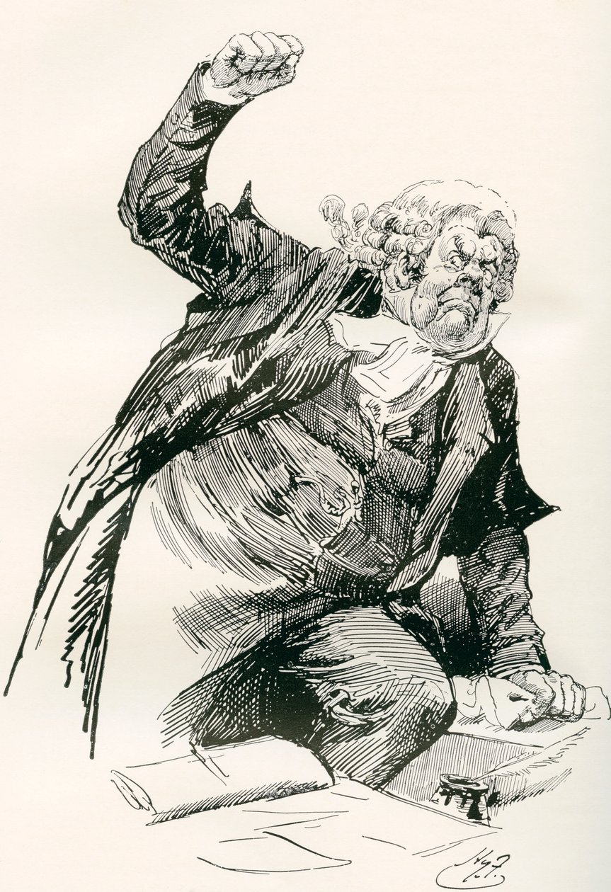 Sergeant Buzfuz. Illustration av Harry Furniss för Charles Dickens-romanen The Pickwick Papers, från The Testimonial Edition, publicerad 1910. av Harry Furniss