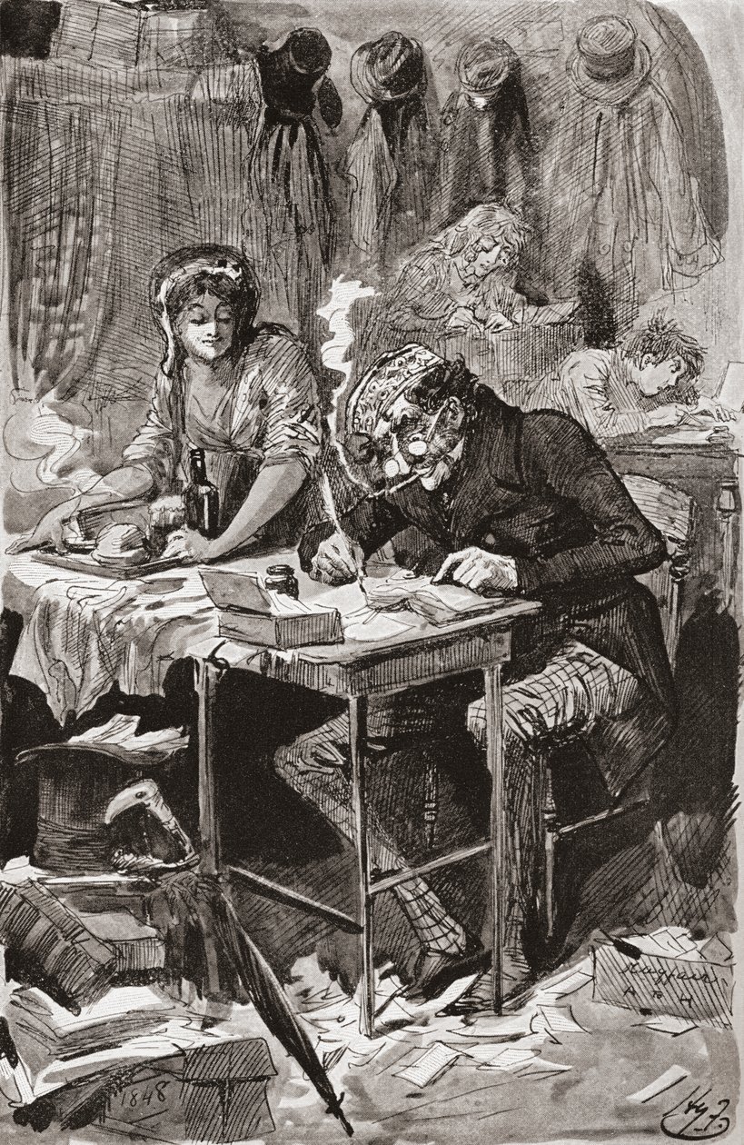 Tiggerbrevförfattaren. Illustration av Harry Furniss för Charles Dickens -romanen Great Expectations, från den vittnesmål som publicerades 1910. av Harry Furniss