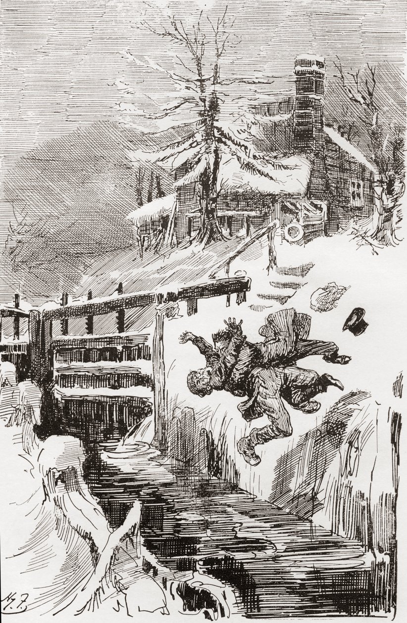 Dödskampen i låset. "Har jag inte sagt till dig." "Jag håller dig levande och jag håller dig död." ropade Bradley när Riderhood gick över den släta gropen baklänges, och Bradley Headstone över honom." Illustration av Harry Furniss till Charles Dickens-roma av Harry Furniss