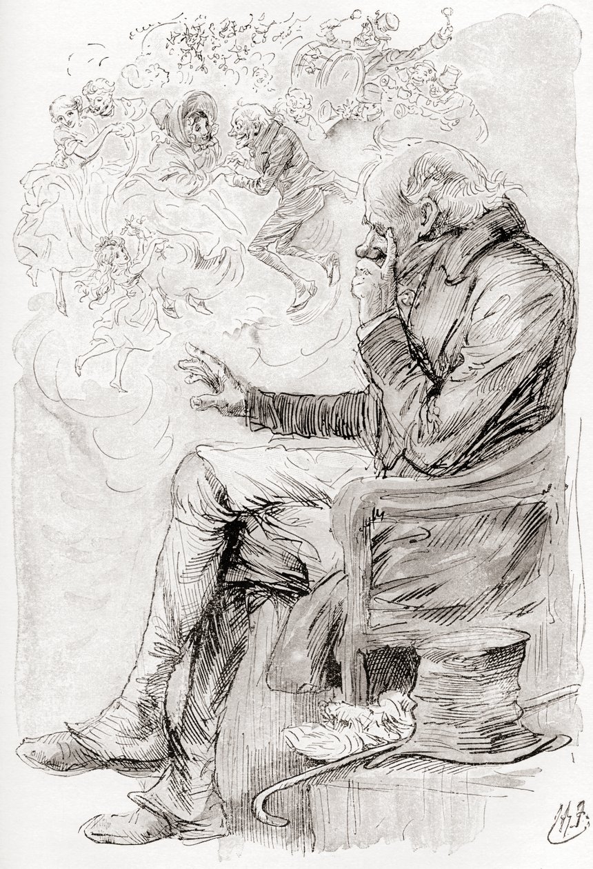 Trottys dröm. "Hade Trotty drömt? Eller är hans glädje och sorg, och skådespelarna i dem, men en dröm; själv en dröm; berättaren om denna berättelse en drömmare, vaknar men nu?" Illustration av Harry Furniss för novellen The Chimes from the Christmas Book av Harry Furniss