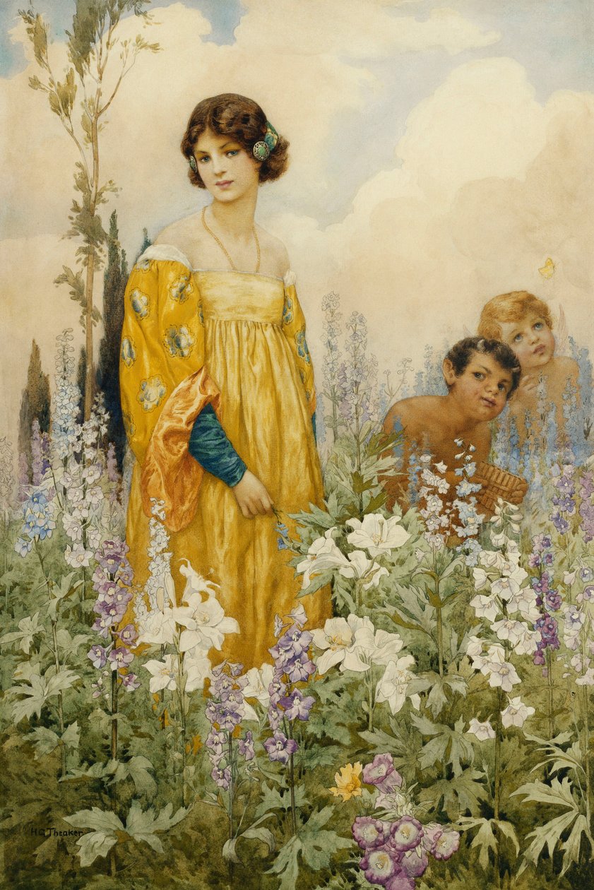 En ung jungfru med Pan och Amor i en vild trädgård (blyerts  akvarell på papper) av Harry George Theaker