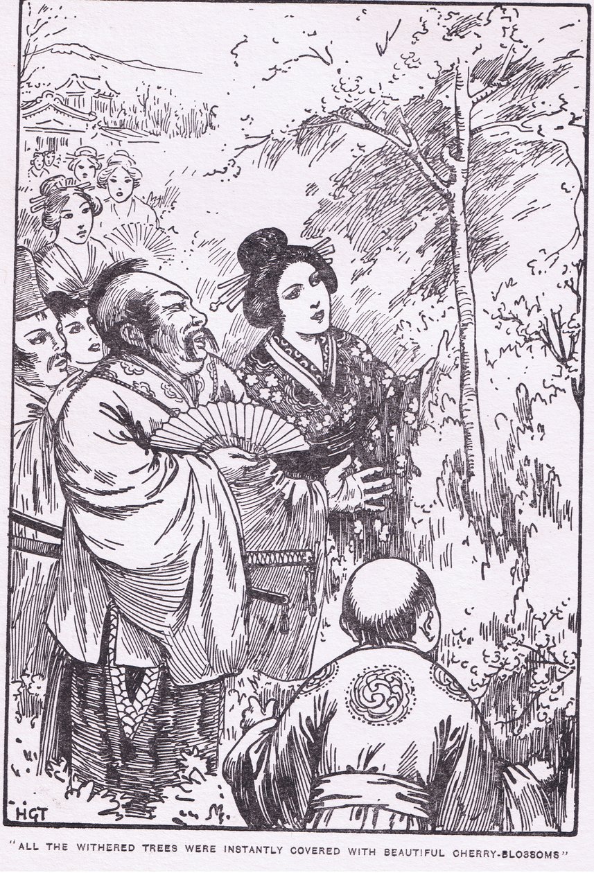 Alla vissna träd täcktes omedelbart av vackra körsbärsblommor (Den gamle mannen som fick vissna träd att blomma) (litografi) av Harry George Theaker