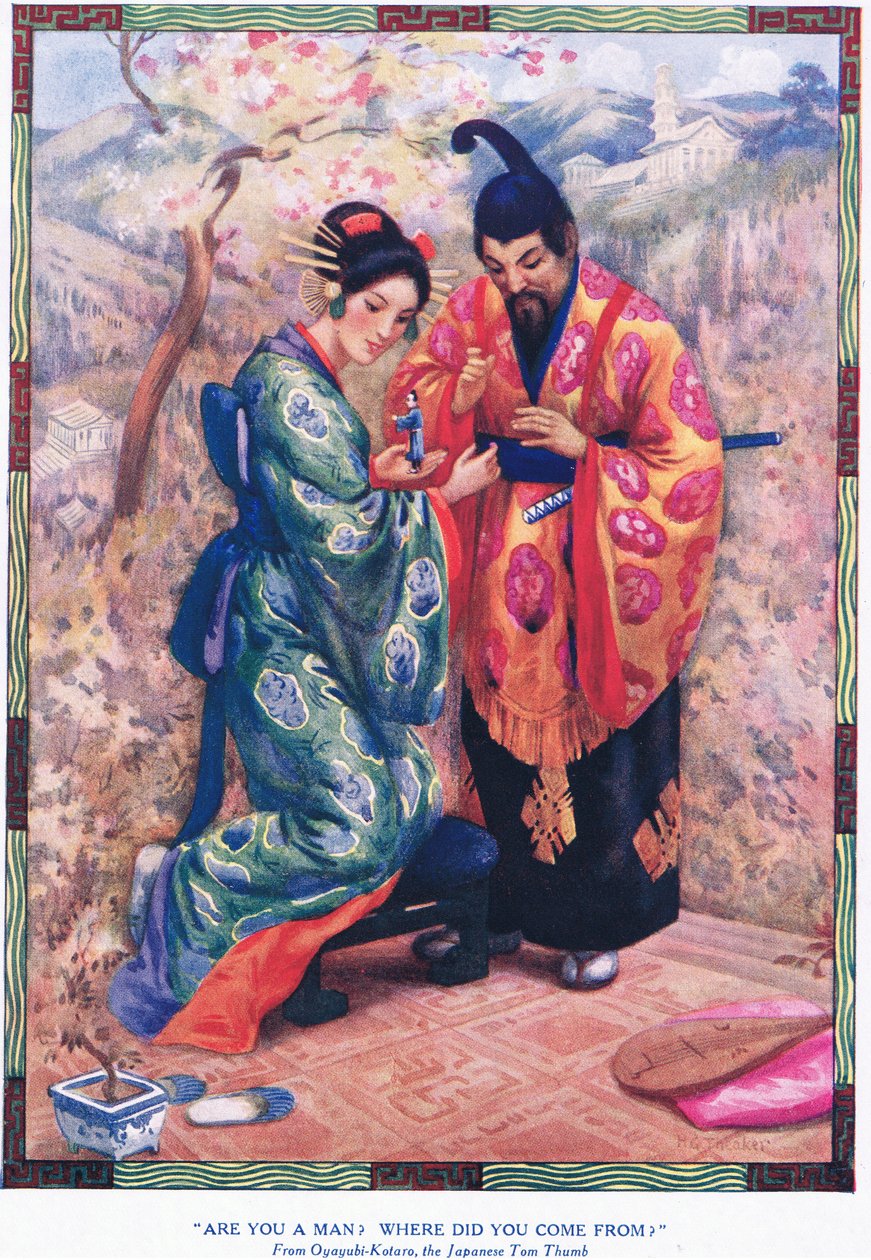 "Är du en människa Var kom du ifrån" (ur Oyayubi-Kotaro, den japanska Tummen) (litografi) av Harry George Theaker