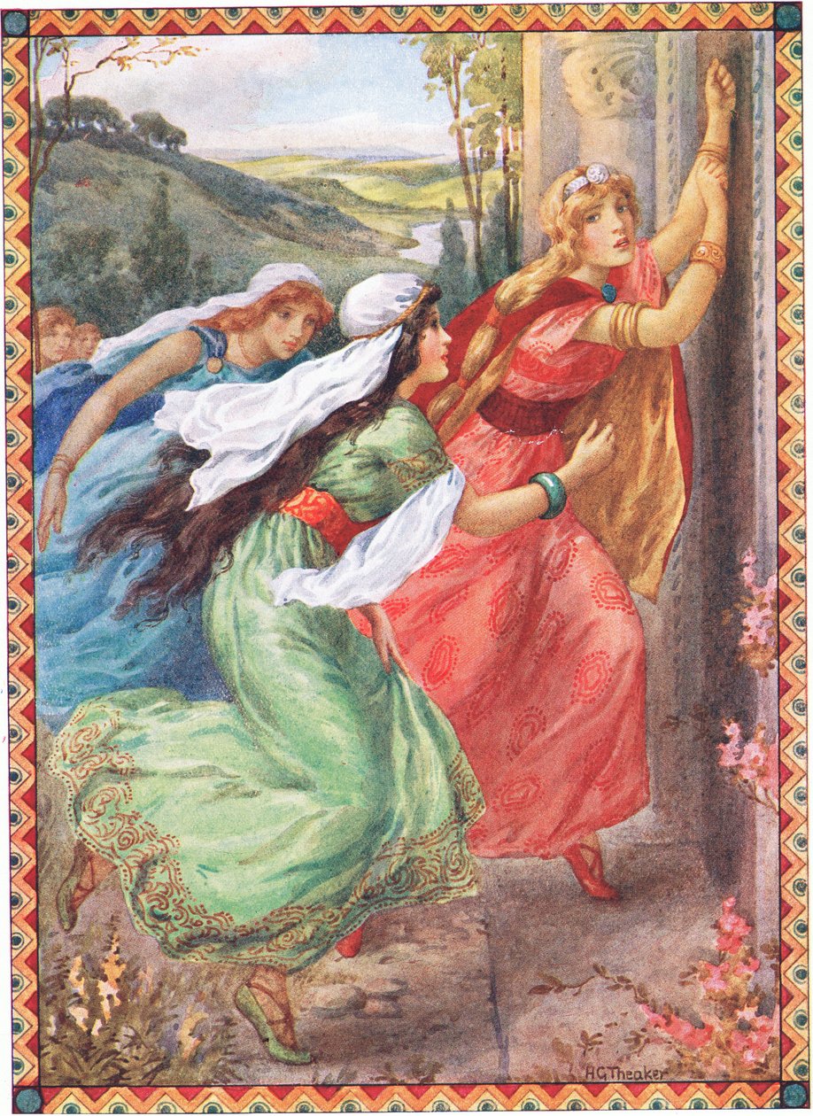 Emer nådde dörren först (från Champions Portion) (färglitografi) av Harry George Theaker