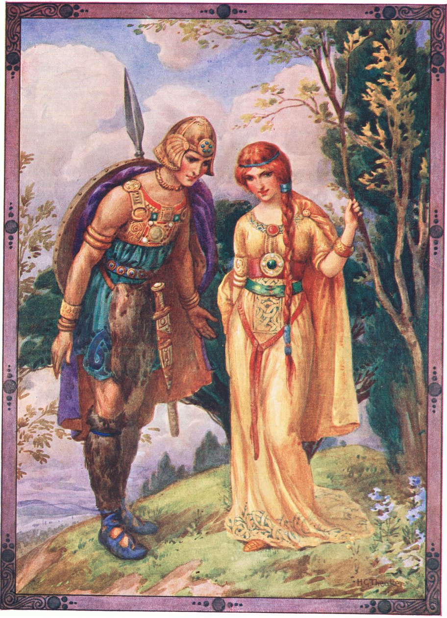 "Ge mig tillåtelse att vara din friare" (från Prinsen av Dyfed) (färglitografi) av Harry George Theaker