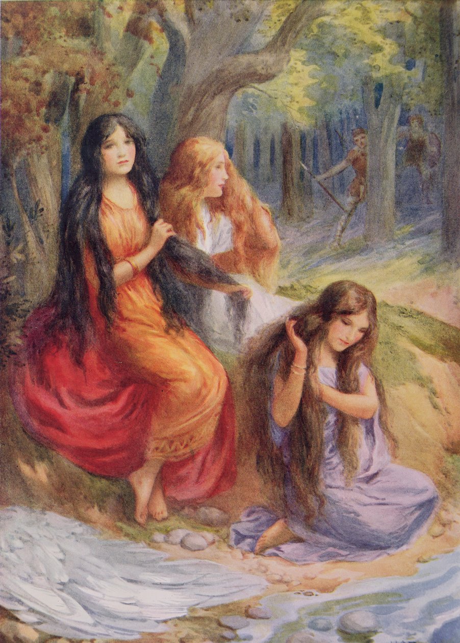 Hladgrun, Olrun och Alvit, illustration från "The Wayland Smith" illustrerad i "Northern Legends" av Raphael Tuck (pub) (färglitografi) av Harry George Theaker