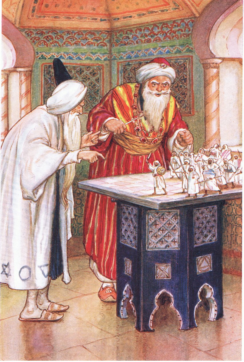 Kung Aben Kabuz och den arabiske astrologen (ur berättelsen The Arabian Astrologer), illustration från "Tales of Alhambra", ca 1940 (färglitografi) av Harry George Theaker