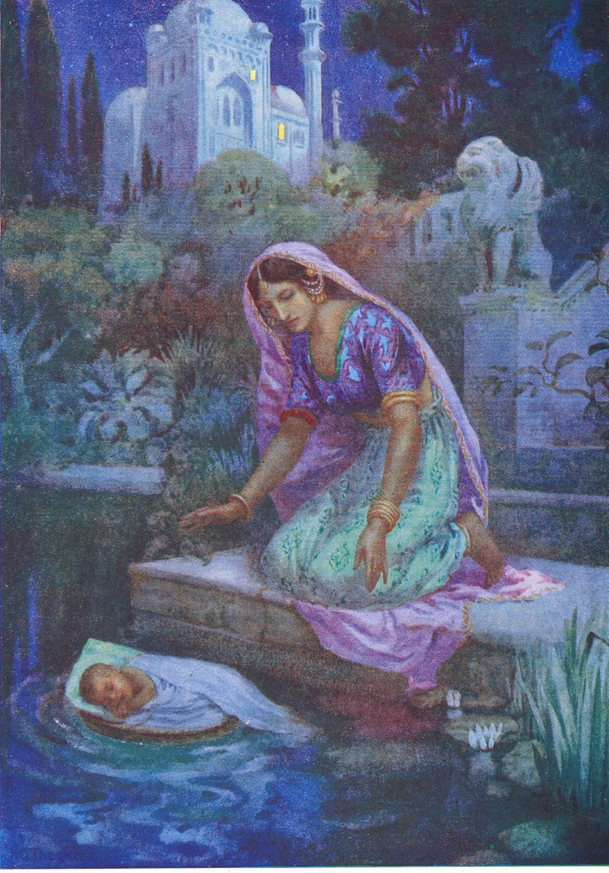 Kunti vågade inte vara olydig. Från de äventyrliga bröderna, illustration från "Childrens Stories from Indian Legends", ca 1930-talet (färglitografi) av Harry George Theaker
