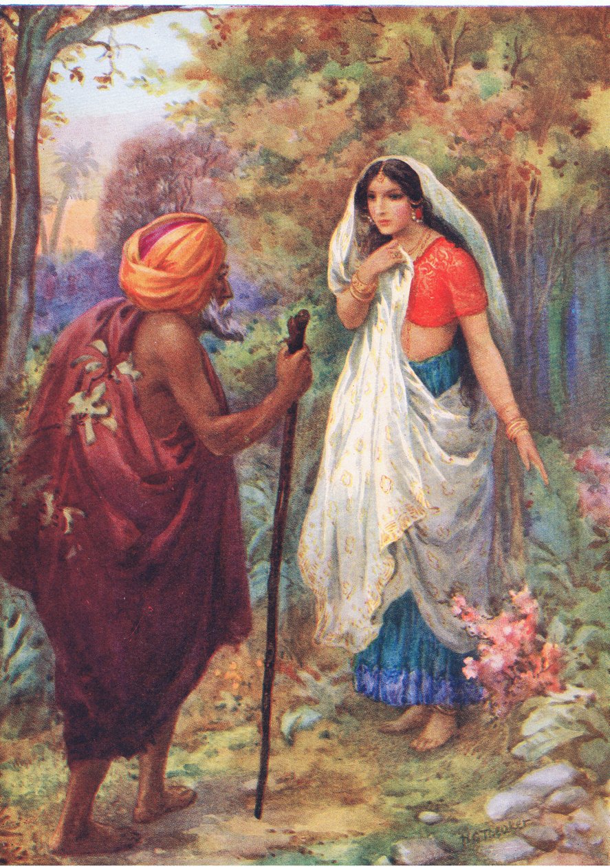 "Må jag vila en stund på denna trevliga plats. Ur Rama och Sitas äventyr, illustration från "Childrens Stories from Indian Legends", ca 1930-talet (färglitografi) av Harry George Theaker