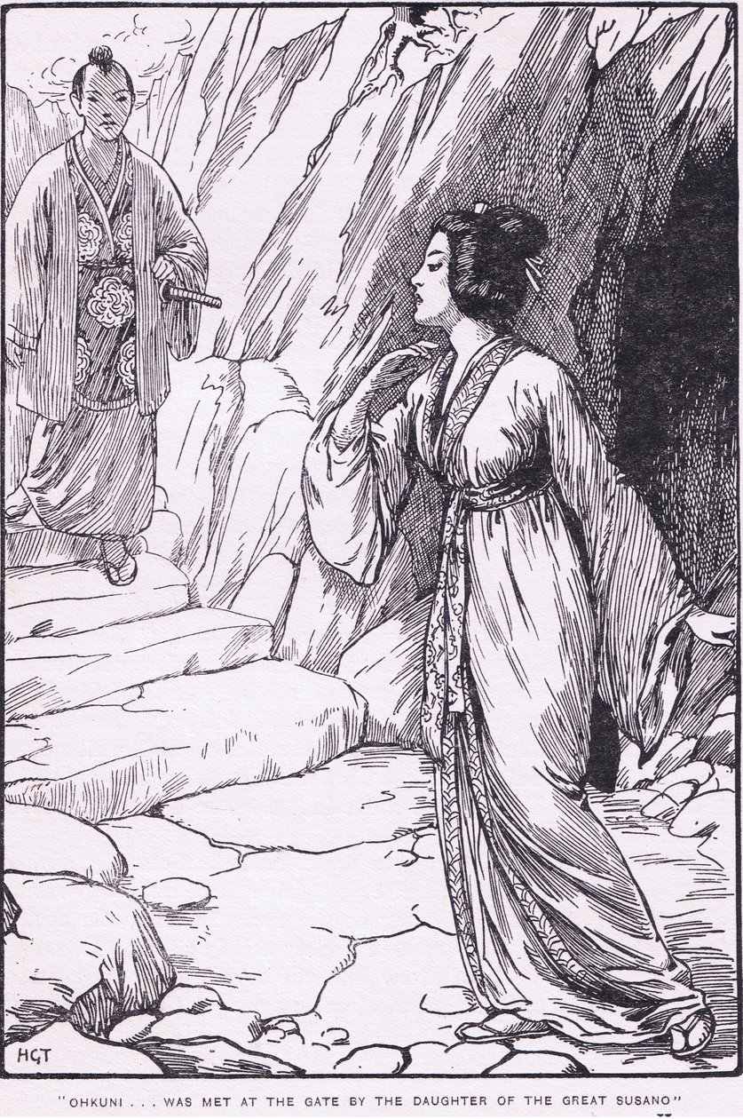 Okhuni möttes vid porten av dottern till den store Susano (från Susano och Ohkuni) (litografi) av Harry George Theaker