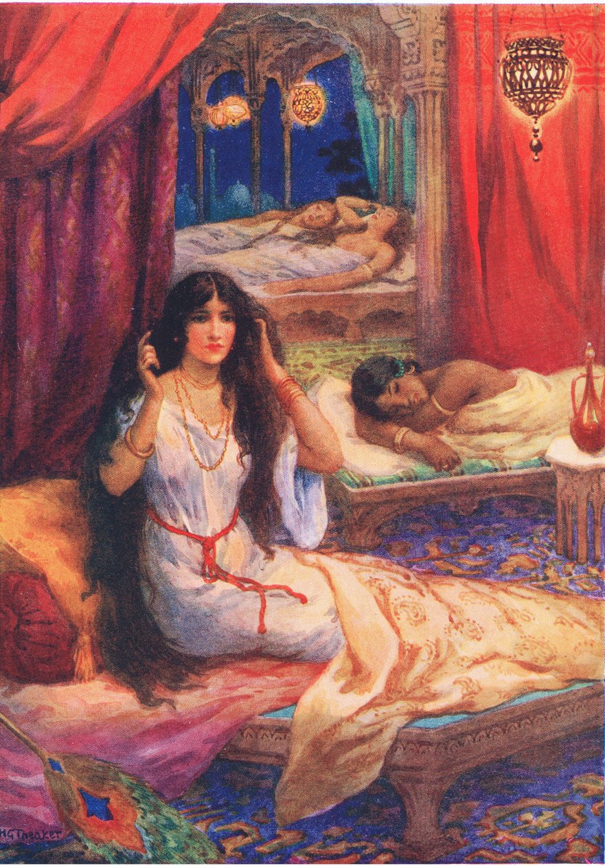 Pabhavati vaknade med ett ryck. Från den hårdhjärtade prinsen, illustration från "Childrens Stories from Indian Legends", ca 1930-talet (färglitografi) av Harry George Theaker
