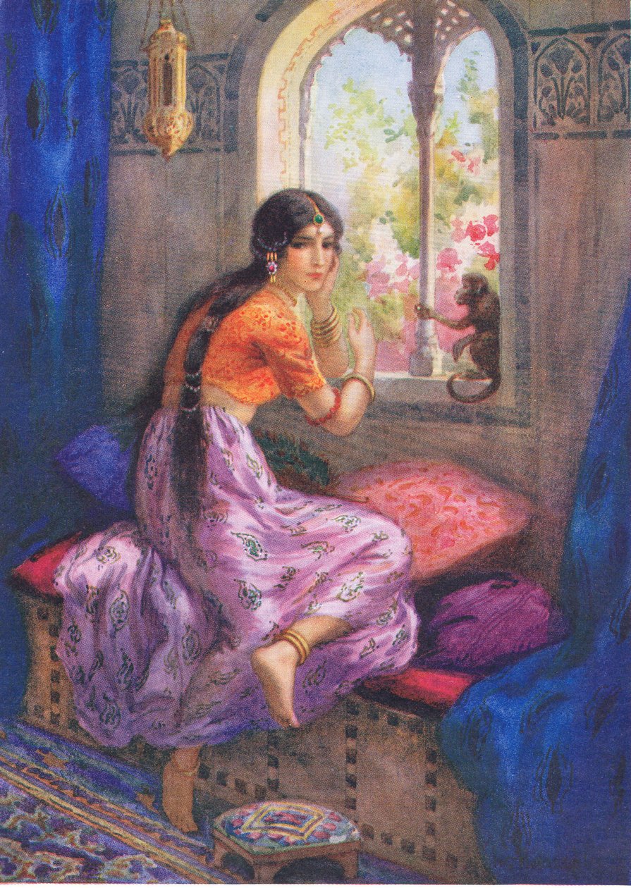 "Rama: Viskade Hanuman ännu en gång". Ur Rama och Sitas äventyr, illustration från "Childrens Stories from Indian Legends", ca 1930-talet (färglitografi) av Harry George Theaker