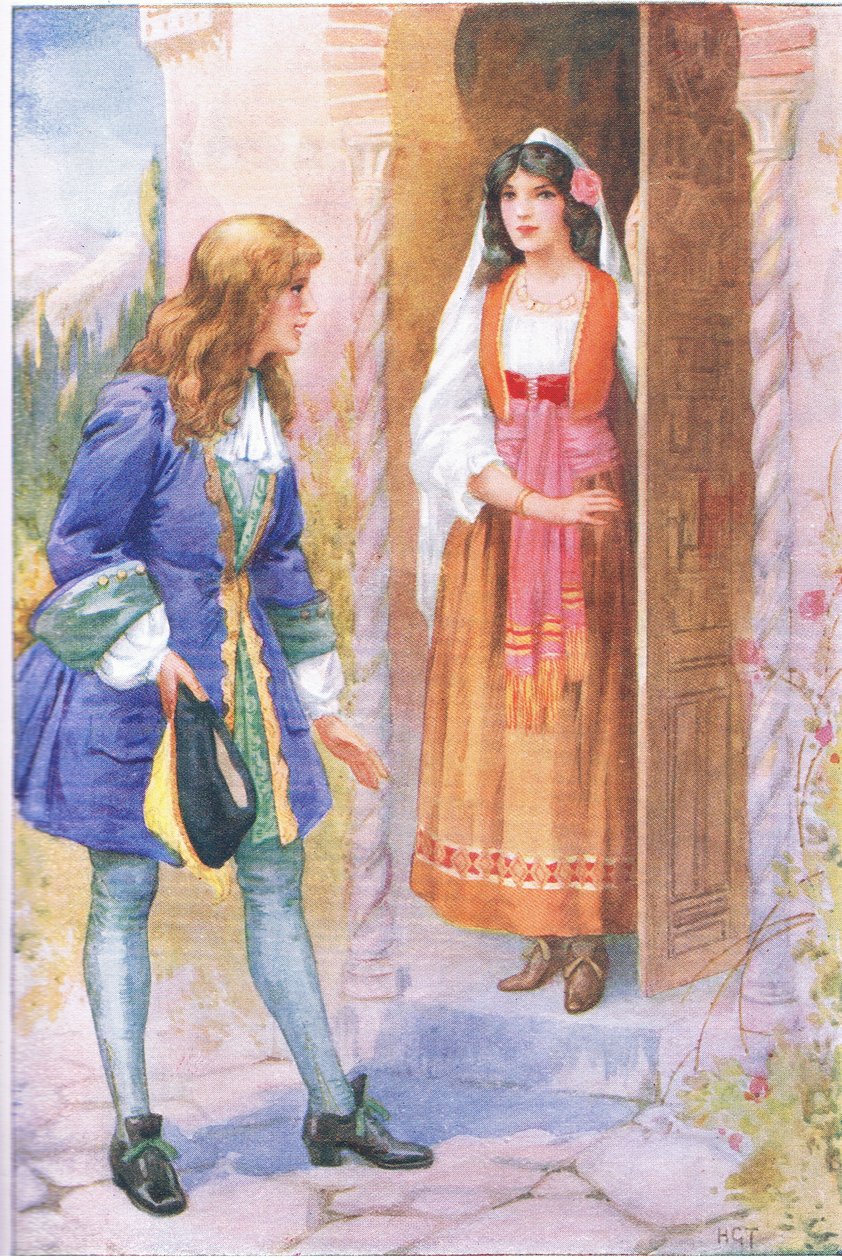 Ruyz De Alercon och Alhambras ros (ur berättelsen Alhambras ros) , illustration från "Tales of Alhambra", ca 1940 (färglitografi) av Harry George Theaker