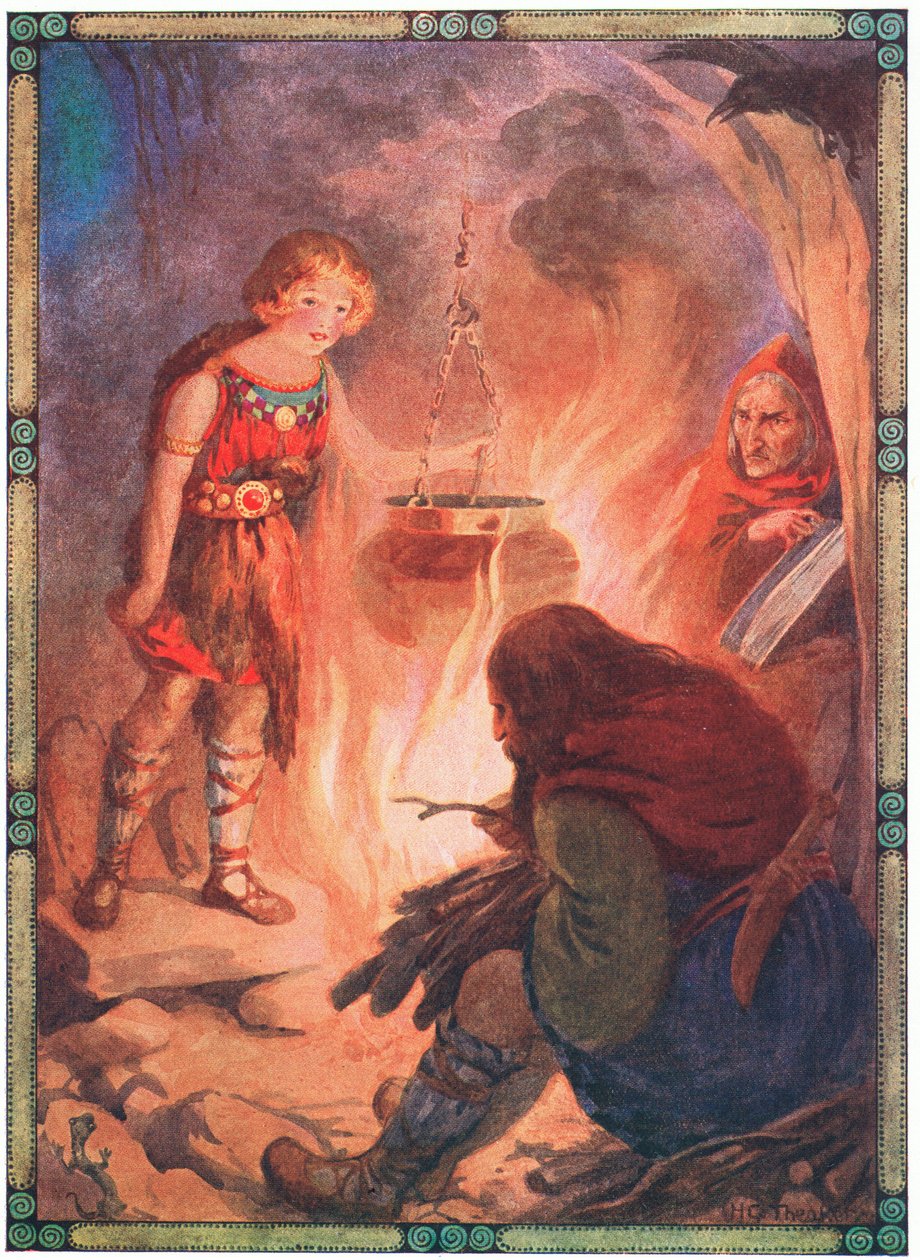 "Hon tyckte att allt var som det skulle vara" (från Taliesin) (färglitografi) av Harry George Theaker