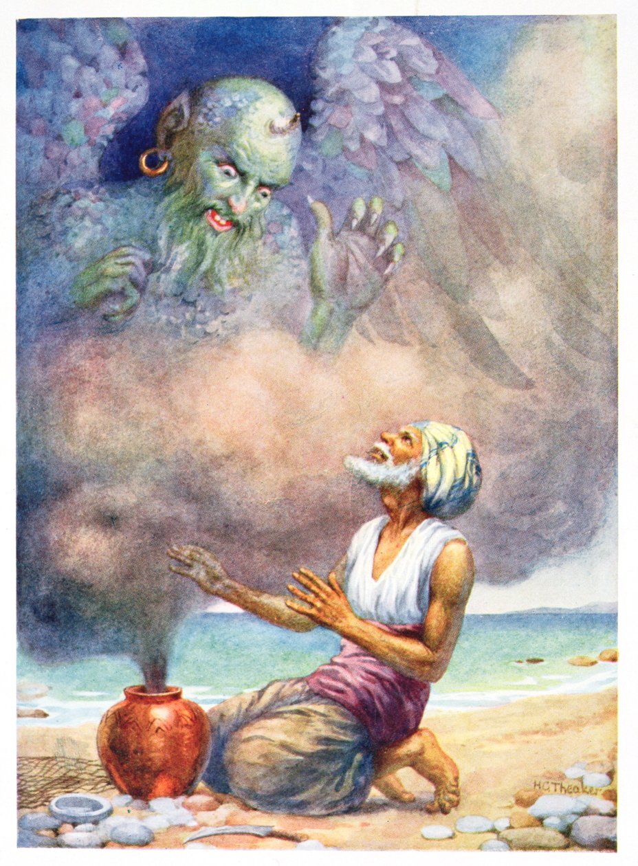 The Genie Escapes from the Vase, illustration från "Children